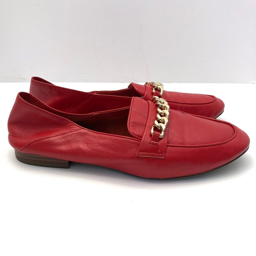 Aldo Red Leather Loafers Gold Chain Detail Unlined Soft Womens 7.5 Apron Toe - Picture 5 of 7